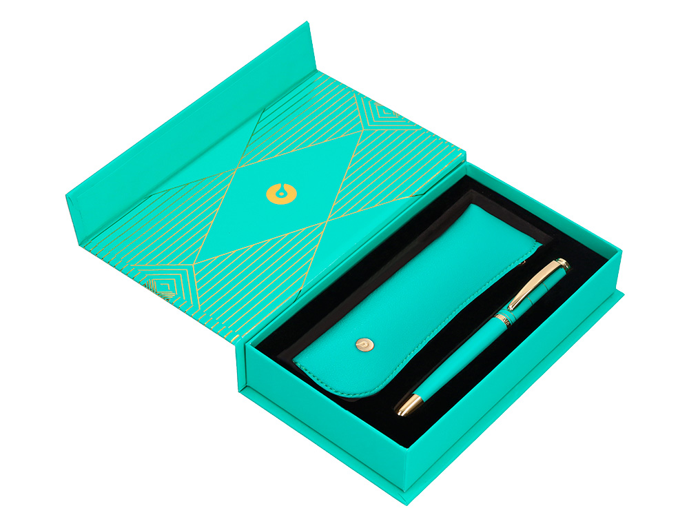 BOLIGRAFO Y ESTUCHE BELIUS SOIREE COLOR ART DECO TURQUESA Y DORADO TINTA AZUL CAJA DE DISEO