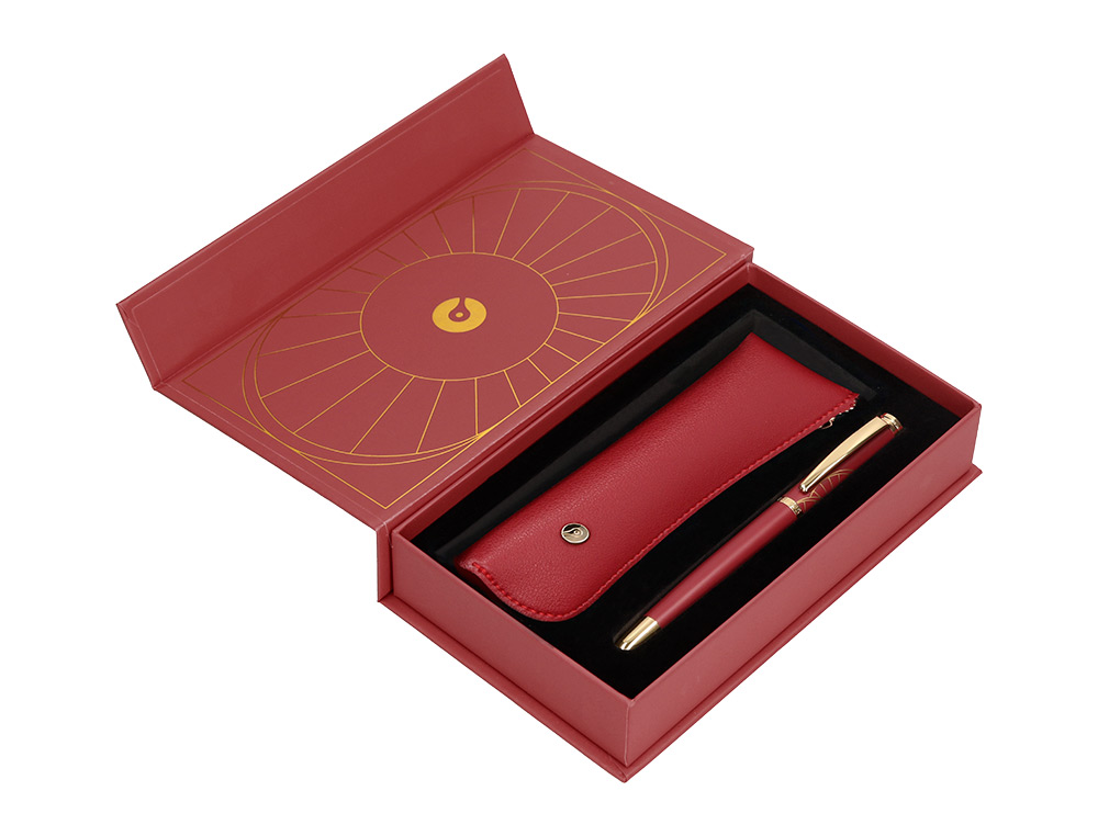 BOLIGRAFO Y ESTUCHE BELIUS SOIREE COLOR ART DECO GRANATE Y DORADO TINTA AZUL CAJA DE DISEÑO