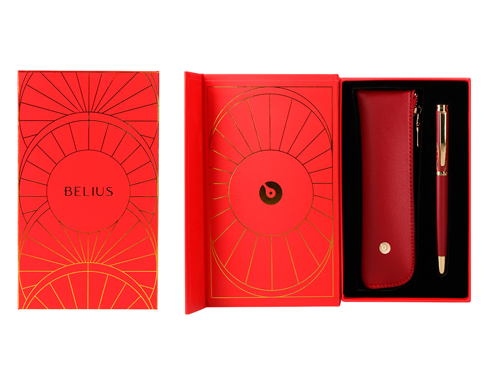 BOLIGRAFO Y ESTUCHE BELIUS SOIREE COLOR ART DECO GRANATE Y DORADO TINTA AZUL CAJA DE DISEO