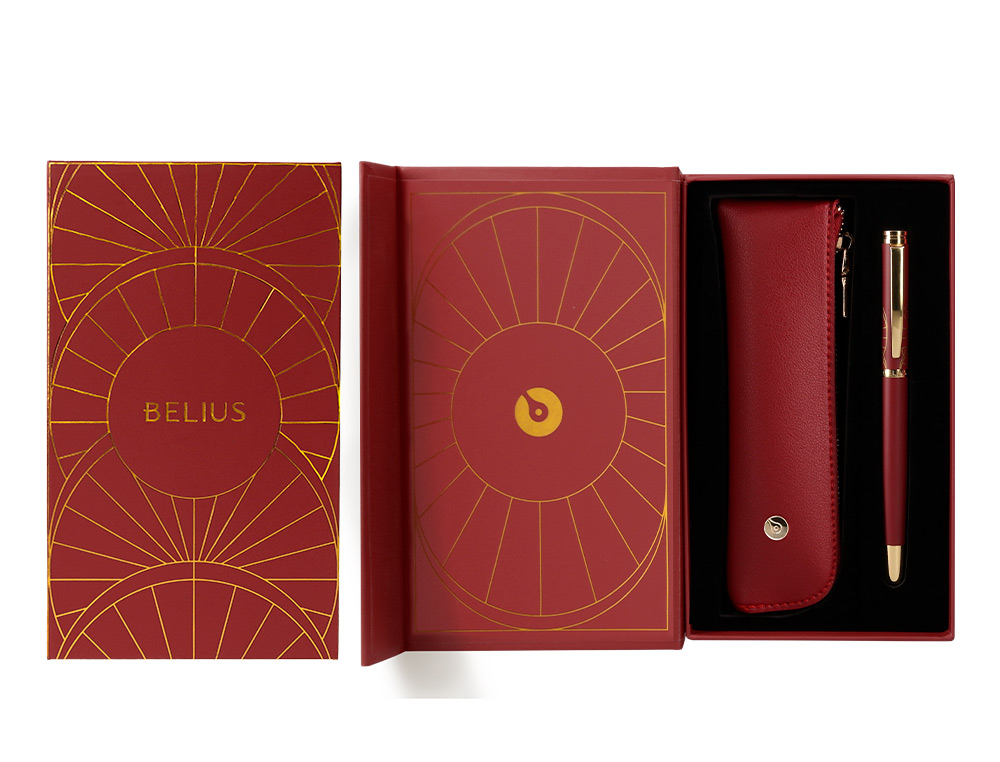 BOLIGRAFO Y ESTUCHE BELIUS SOIREE COLOR ART DECO GRANATE Y DORADO TINTA AZUL CAJA DE DISEÑO