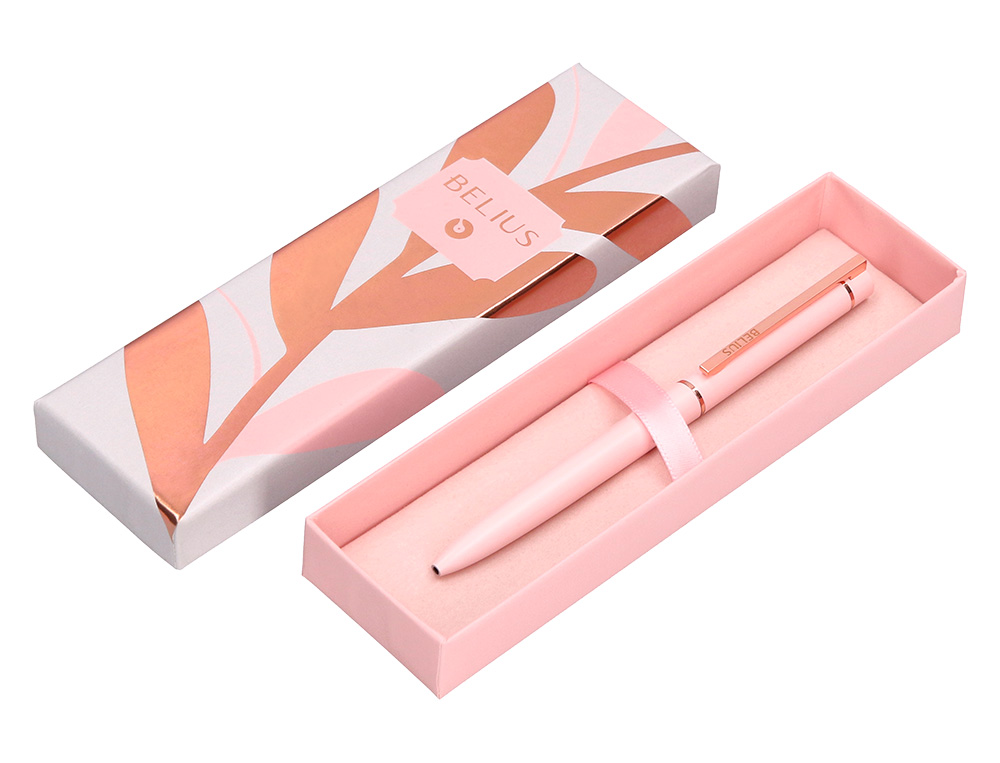 BOLIGRAFO BELIUS ROSE ALUMINIO COLOR ROSA/ORO ROSA TINTA AZUL CAJA DE DISEO