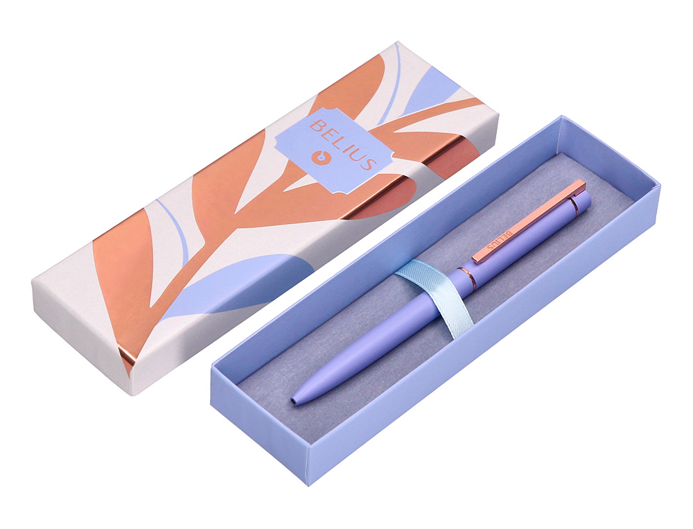 BOLIGRAFO BELIUS ROSE ALUMINIO COLOR LAVANDA/ORO ROSA TINTA AZUL CAJA DE DISEÑO