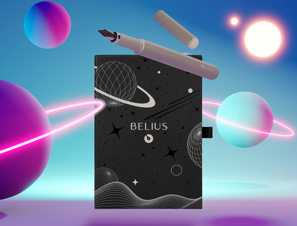 PLUMA Y FUNDA DE SIMILPIEL BELIUS SPACE B COLOR MINIMALISTA GRIS TINTA AZUL CAJA DE DISEÑO