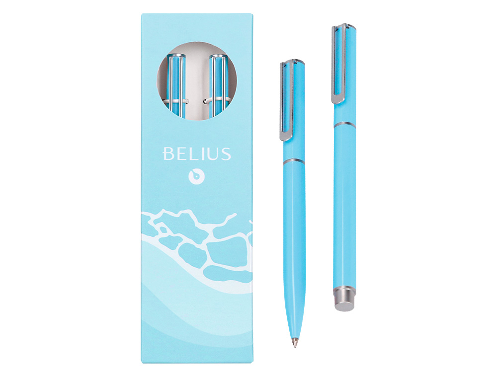 JUEGO BOLIGRAFO Y ROLLER BELIUS ENDLESS SUMMER ALUMINIO COLOR CELESTE Y PLATEADO TINTA AZUL CAJA DE DISEO