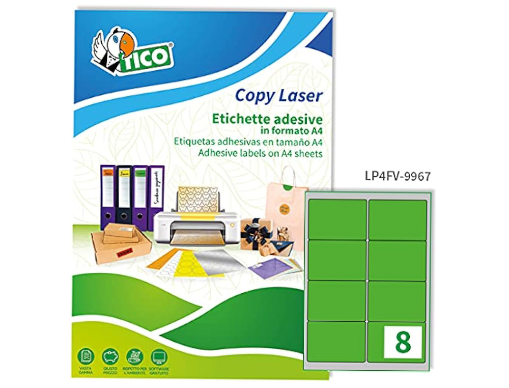 ETIQUETA ADHESIVA TICO VERDE F LUORESCENTES PERMANENTE FSC LASER/INKJET/FOTOCOPIA 99,1X67,7 MMCAJA DE 560 UNIDADES