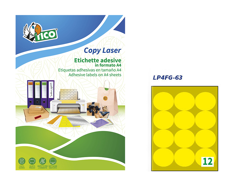 ETIQUETA ADHESIVA TICO AMARILL O FLUORESCENTES PERMANENTE FSCLASER/INKJET/FOTOCOPIA REDONDA63,5 MM CAJA DE 840 UNIDADES