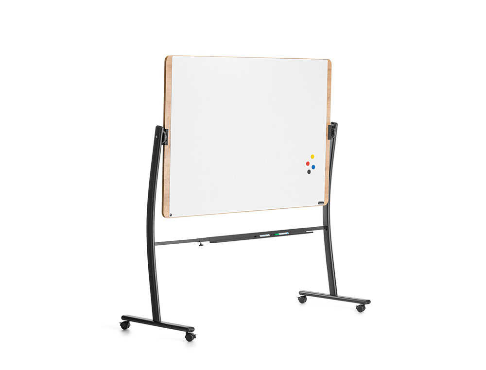 PIZARRA BLANCA ROCADA LACADA MAGNETICA MARCO ALUMINIO DOBLECARA VOLTEABLE CURVE CON RUEDAS 100X150 CM