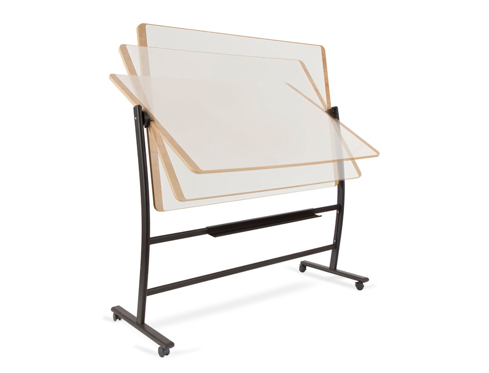 PIZARRA BLANCA ROCADA LACADA MAGNETICA MARCO ALUMINIO DOBLECARA VOLTEABLE CURVE CON RUEDAS 100X150 CM
