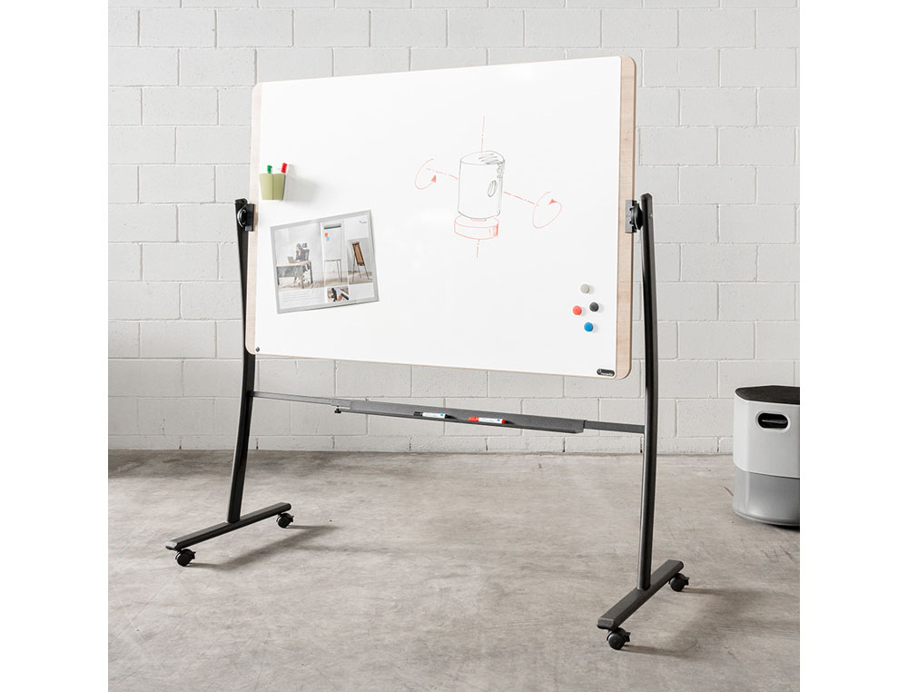 PIZARRA BLANCA ROCADA LACADA MAGNETICA MARCO ALUMINIO DOBLECARA VOLTEABLE CURVE CON RUEDAS 100X150 CM