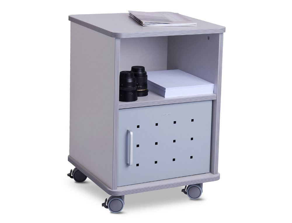 MESA AUXILIAR ROCADA RD-4030 PARA FOTOCOPIADORAS/FAX MELAMINA CON RUEDAS Y PUERTA METALICA COLOR GRIS 50X50X70