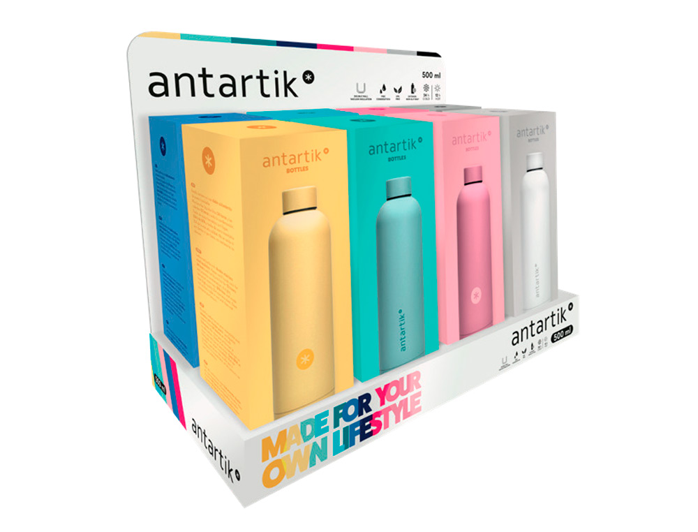 BOTELLA ANTARTIK ISOTERMICA ACERO INOXIDABLE LIBRE DE BPA 750ML EXPOSITOR CON 8 BOTELLAS