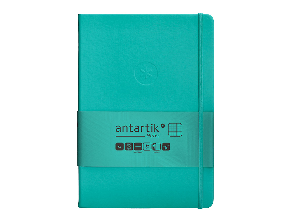 CUADERNO CON GOMILLA ANTARTIK NOTES TAPA DURA A5 HOJAS CUADRICULA TURQUESA 100 HOJAS 80 GR FSC