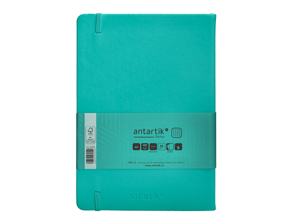 CUADERNO CON GOMILLA ANTARTIK NOTES TAPA DURA A5 HOJAS CUADRICULA TURQUESA 100 HOJAS 80 GR FSC