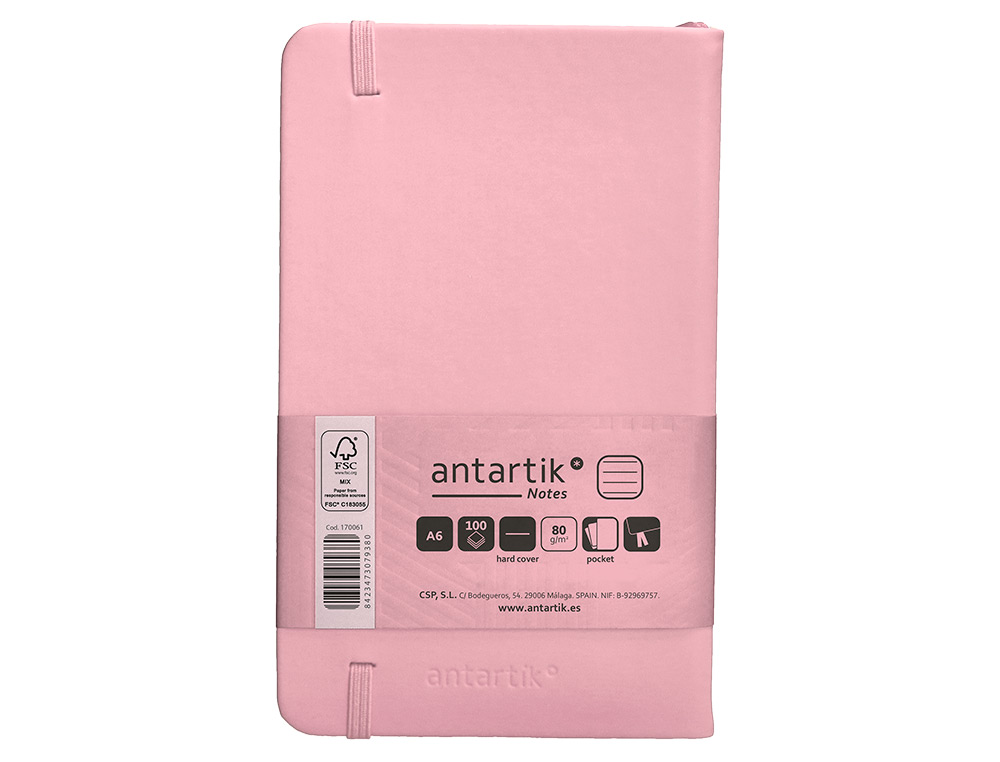 CUADERNO CON GOMILLA ANTARTIK NOTES TAPA DURA A6 HOJAS RAYAS ROSA PASTEL 100 HOJAS 80 GR FSC