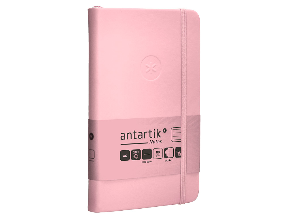 CUADERNO CON GOMILLA ANTARTIK NOTES TAPA DURA A6 HOJAS RAYAS ROSA PASTEL 100 HOJAS 80 GR FSC