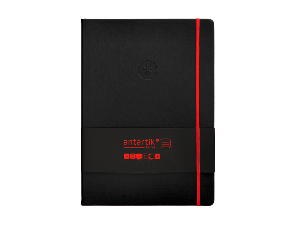 CUADERNO CON GOMILLA ANTARTIK NOTES TAPA DURA A4 HOJAS RAYAS NEGRO Y ROJO 100 HOJAS 80 GR FSC