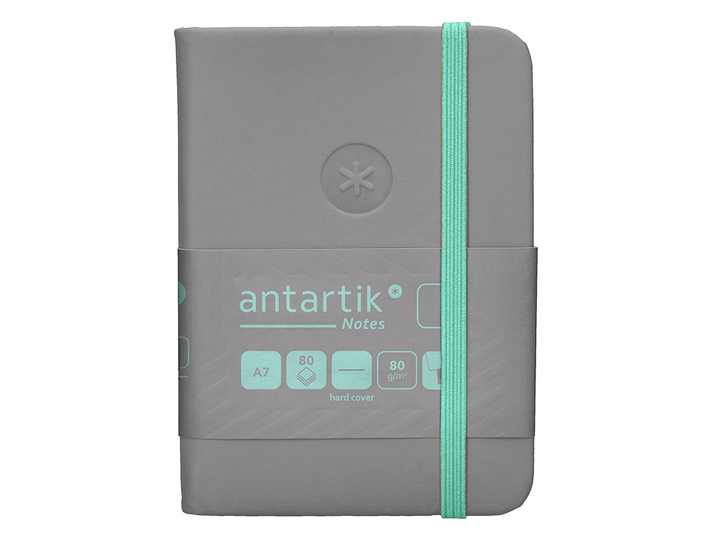 CUADERNO CON GOMILLA ANTARTIK NOTES TAPA DURA A7 HOJAS LISAS GRIS Y TURQUESA 80 HOJAS 80 GR FSC