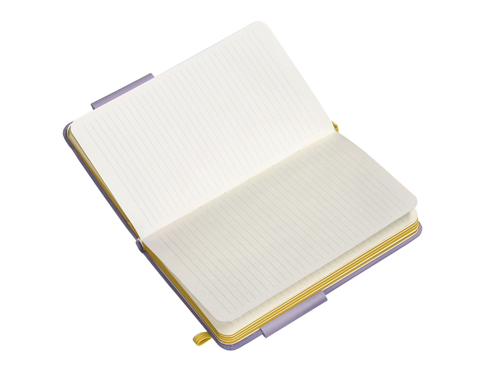 CUADERNO CON GOMILLA ANTARTIK NOTES TAPA DURA A6 HOJAS RAYAS MORADO Y AMARILLO 100 HOJAS 80 GR FSC