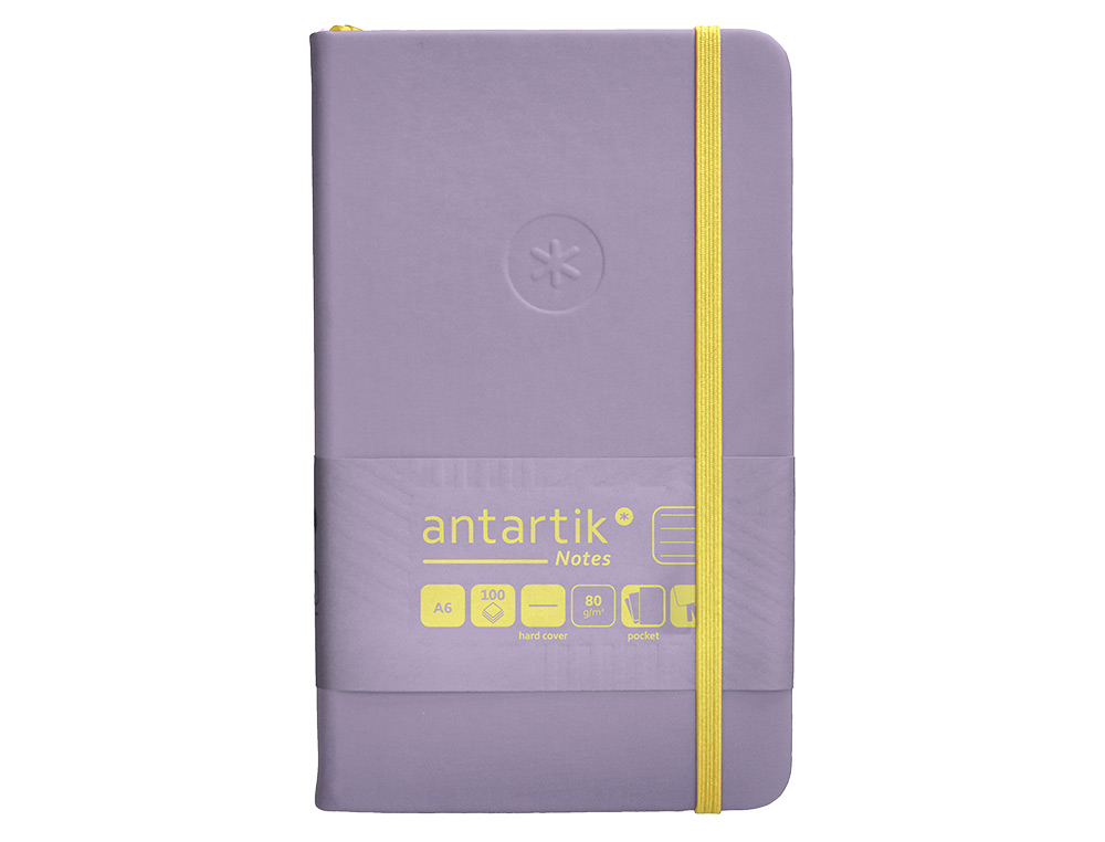 CUADERNO CON GOMILLA ANTARTIK NOTES TAPA DURA A6 HOJAS RAYAS MORADO Y AMARILLO 100 HOJAS 80 GR FSC
