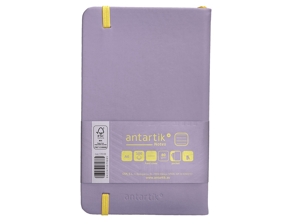 CUADERNO CON GOMILLA ANTARTIK NOTES TAPA DURA A6 HOJAS RAYAS MORADO Y AMARILLO 100 HOJAS 80 GR FSC