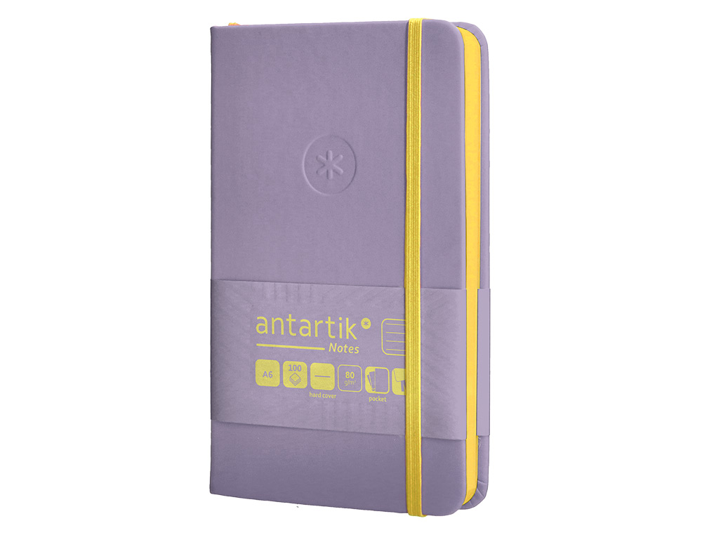CUADERNO CON GOMILLA ANTARTIK NOTES TAPA DURA A6 HOJAS RAYAS MORADO Y AMARILLO 100 HOJAS 80 GR FSC