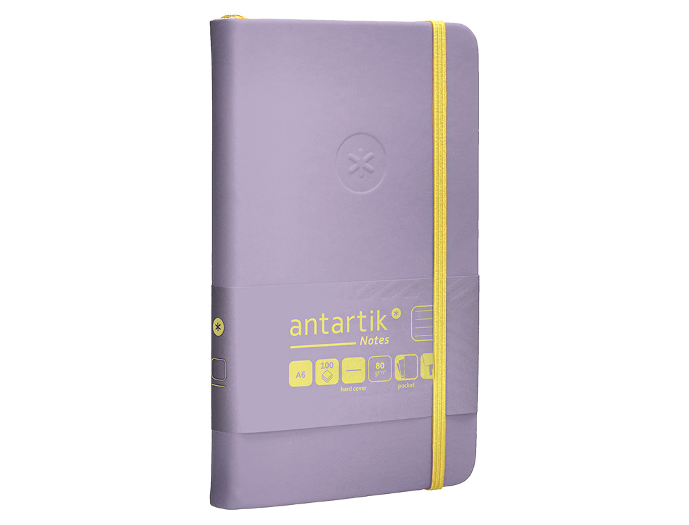 CUADERNO CON GOMILLA ANTARTIK NOTES TAPA DURA A6 HOJAS RAYAS MORADO Y AMARILLO 100 HOJAS 80 GR FSC