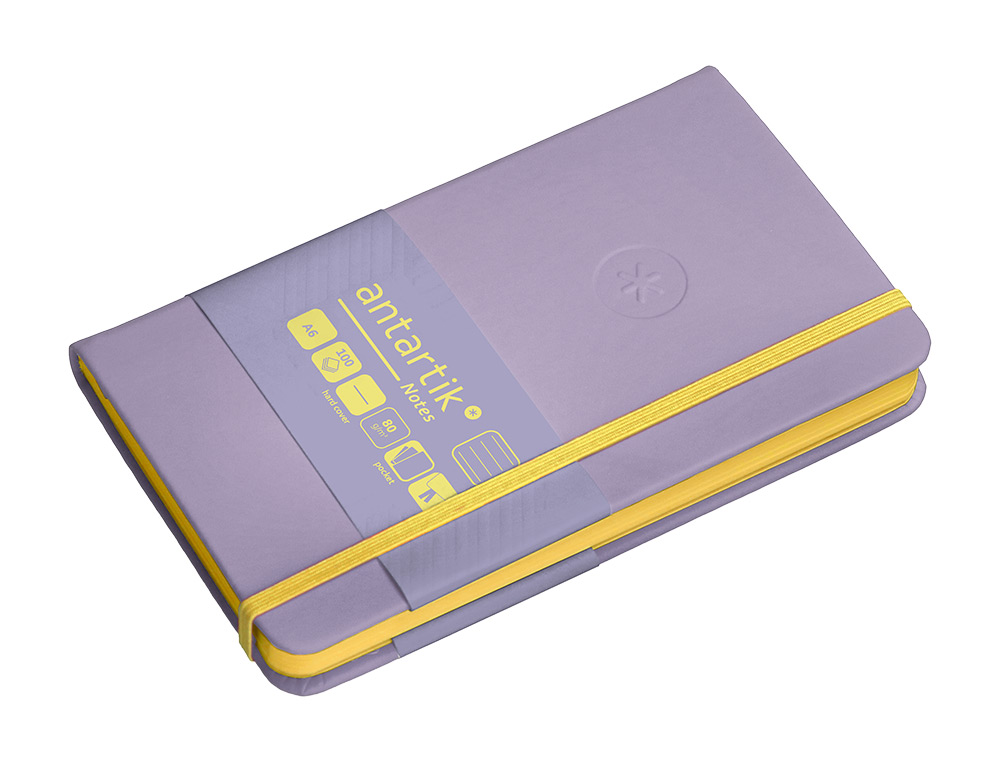 CUADERNO CON GOMILLA ANTARTIK NOTES TAPA DURA A6 HOJAS RAYAS MORADO Y AMARILLO 100 HOJAS 80 GR FSC