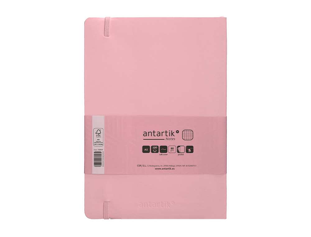 CUADERNO CON GOMILLA ANTARTIK NOTES TAPA BLANDA A5 HOJAS CUADRICULA ROSA PASTEL 80 HOJAS 80 GR FSC