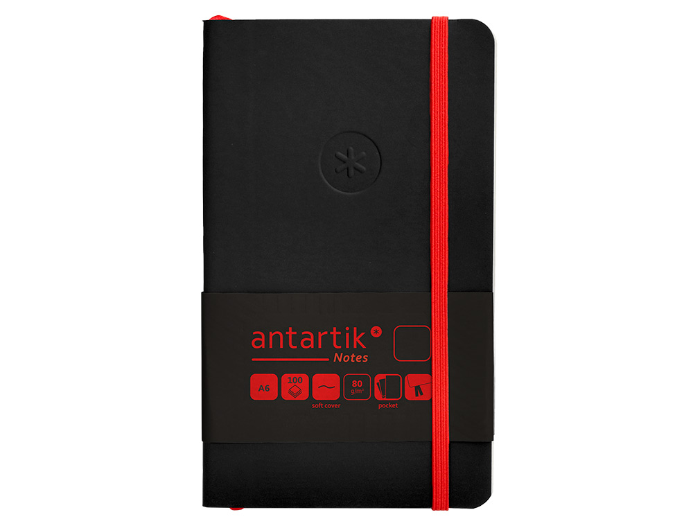 CUADERNO CON GOMILLA ANTARTIK NOTES TAPA BLANDA A6 HOJAS LISAS NEGRO Y ROJO 100 HOJAS 80 GR FSC