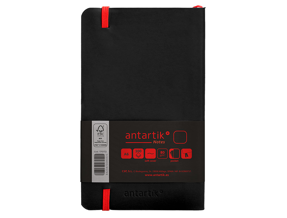 CUADERNO CON GOMILLA ANTARTIK NOTES TAPA BLANDA A6 HOJAS LISAS NEGRO Y ROJO 100 HOJAS 80 GR FSC