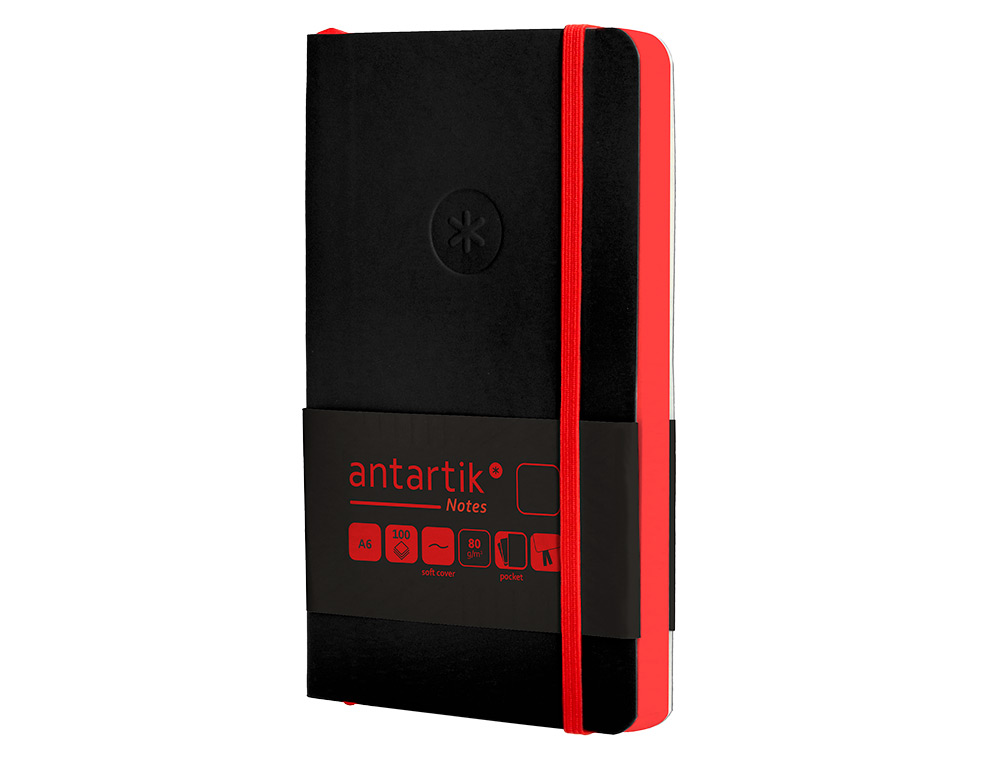 CUADERNO CON GOMILLA ANTARTIK NOTES TAPA BLANDA A6 HOJAS LISAS NEGRO Y ROJO 100 HOJAS 80 GR FSC