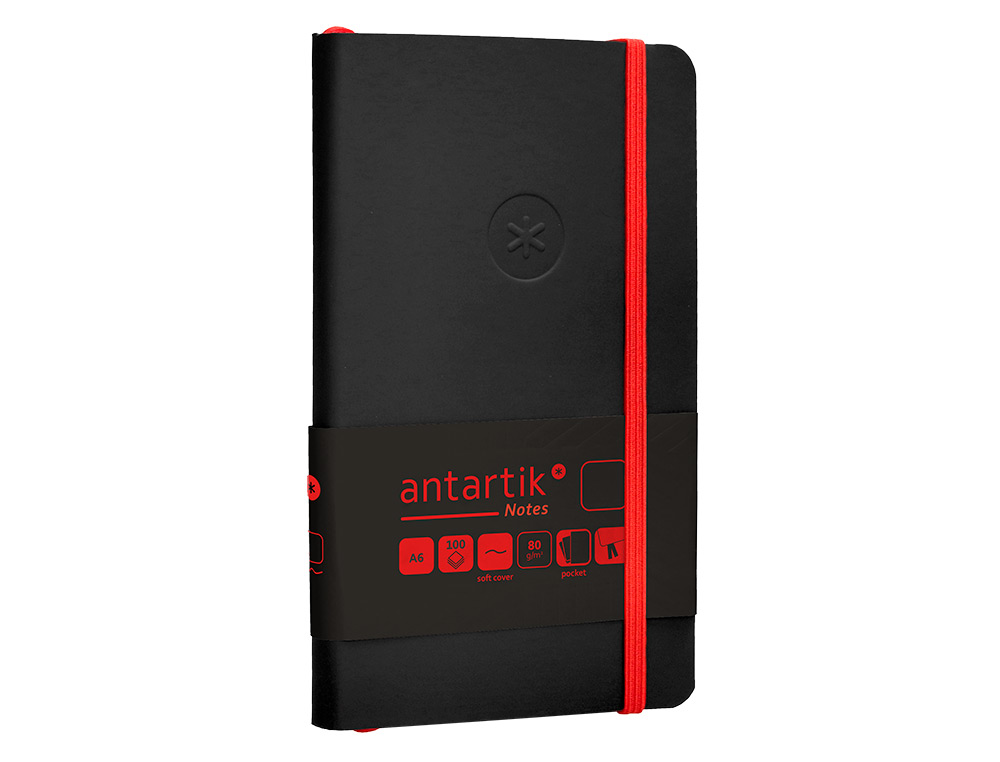 CUADERNO CON GOMILLA ANTARTIK NOTES TAPA BLANDA A6 HOJAS LISAS NEGRO Y ROJO 100 HOJAS 80 GR FSC