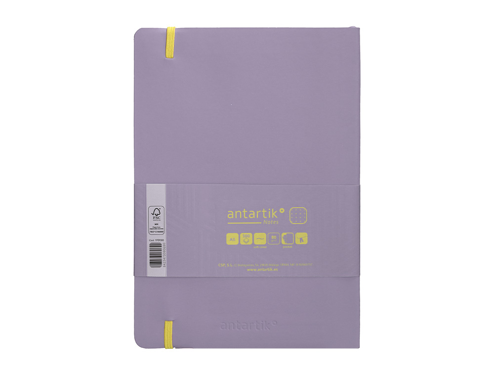 CUADERNO CON GOMILLA ANTARTIK NOTES TAPA BLANDA A5 HOJAS PUNTOS MORADO Y AMARILLO 80 HOJAS 80 GR FSC
