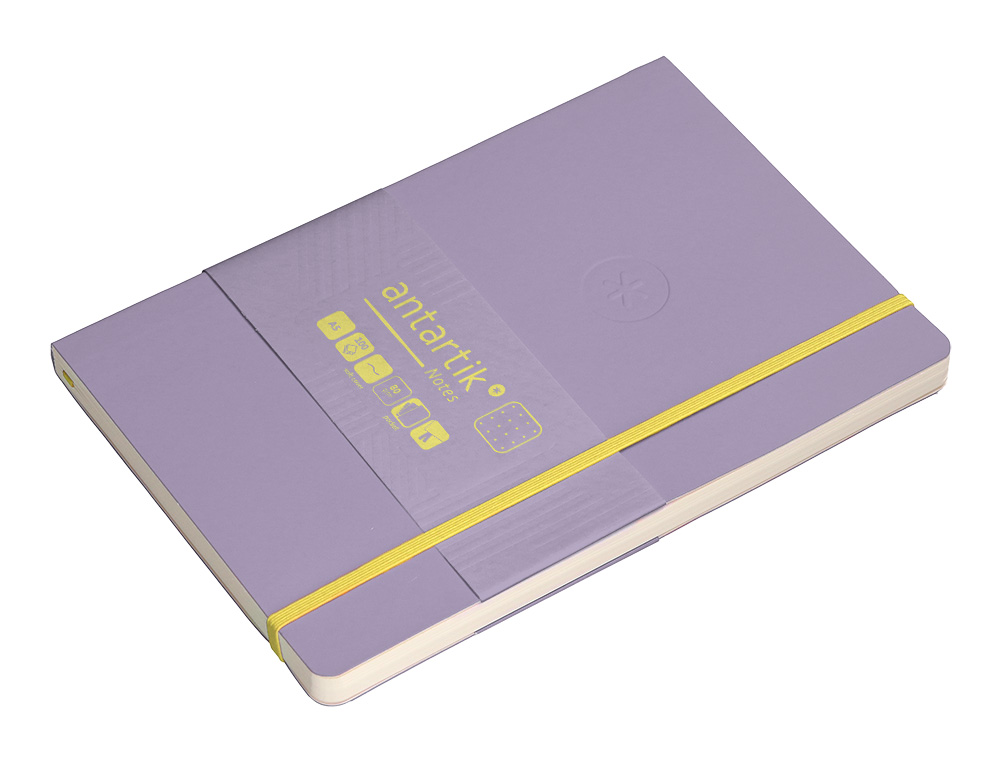 CUADERNO CON GOMILLA ANTARTIK NOTES TAPA BLANDA A5 HOJAS PUNTOS MORADO Y AMARILLO 80 HOJAS 80 GR FSC