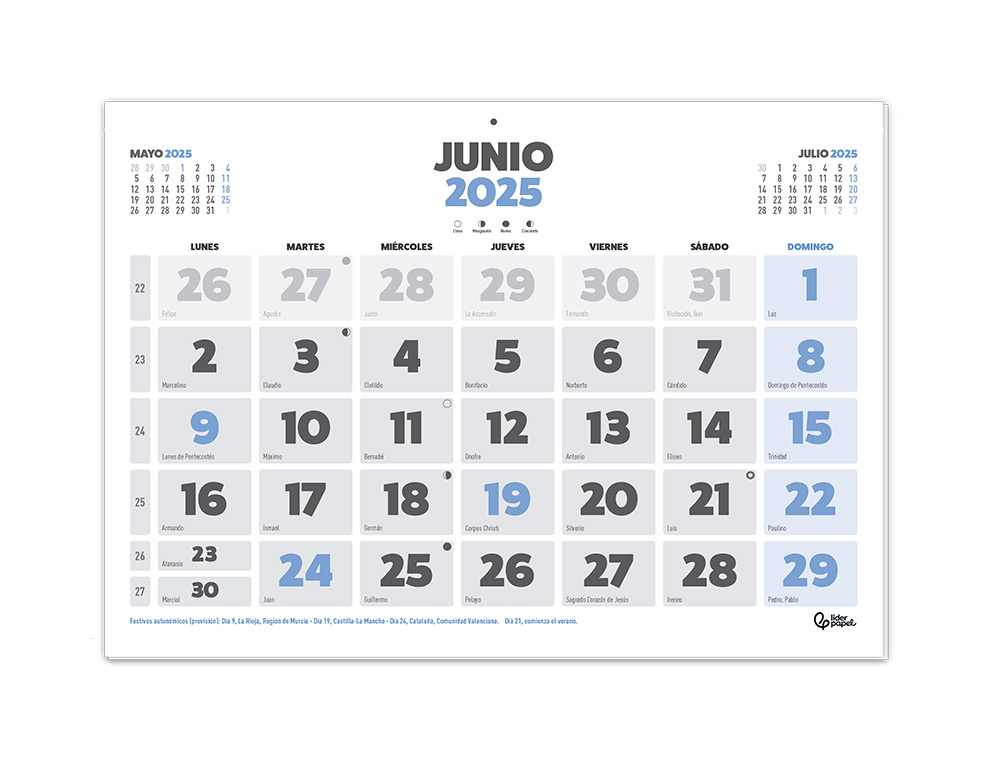 CALENDARIO PARED LIDERPAPEL CLASICO 2025 LOMO ENGOMADO 44X32 CM PAPEL 128 GR