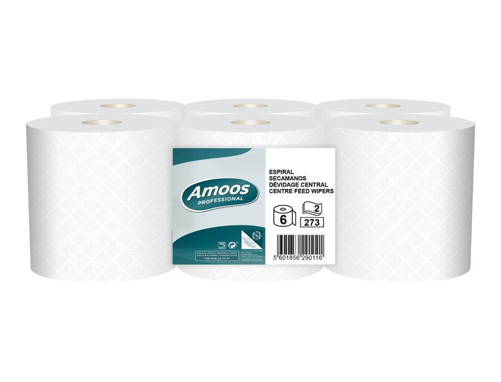 PAPEL SECAMANOS AMOOS INDUSTRIAL 2 CAPAS 32G/M2 BLANCO 90 MT PAQUETE DE 6 ROLLOS