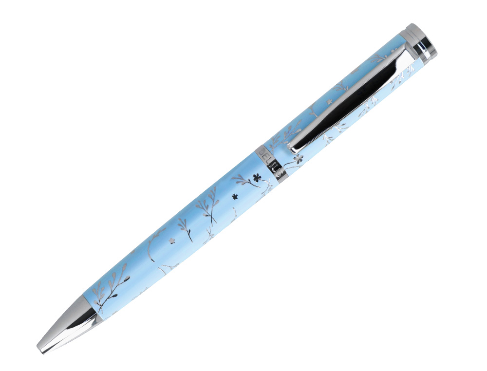 BOLIGRAFO BELIUS BELLA ALUMINIO COLOR AZUL CELESTE DISEÑO PLATEADO RELIEVE TINTA AZUL CAJA DE DISEÑO
