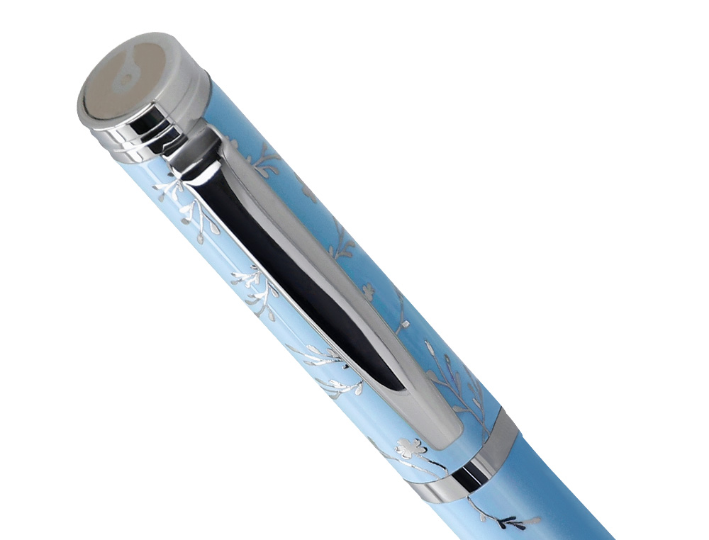 BOLIGRAFO BELIUS BELLA ALUMINIO COLOR AZUL CELESTE DISEÑO PLATEADO RELIEVE TINTA AZUL CAJA DE DISEÑO