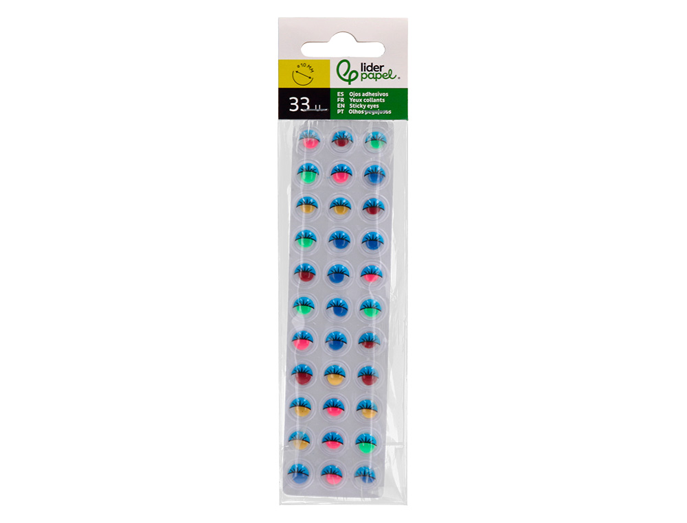OJO ADHESIVO LIDERPAPEL 10 MM CON PUPILA DE COLOR Y PESTAA DE COLOR PACK DE 33 UNIDADES