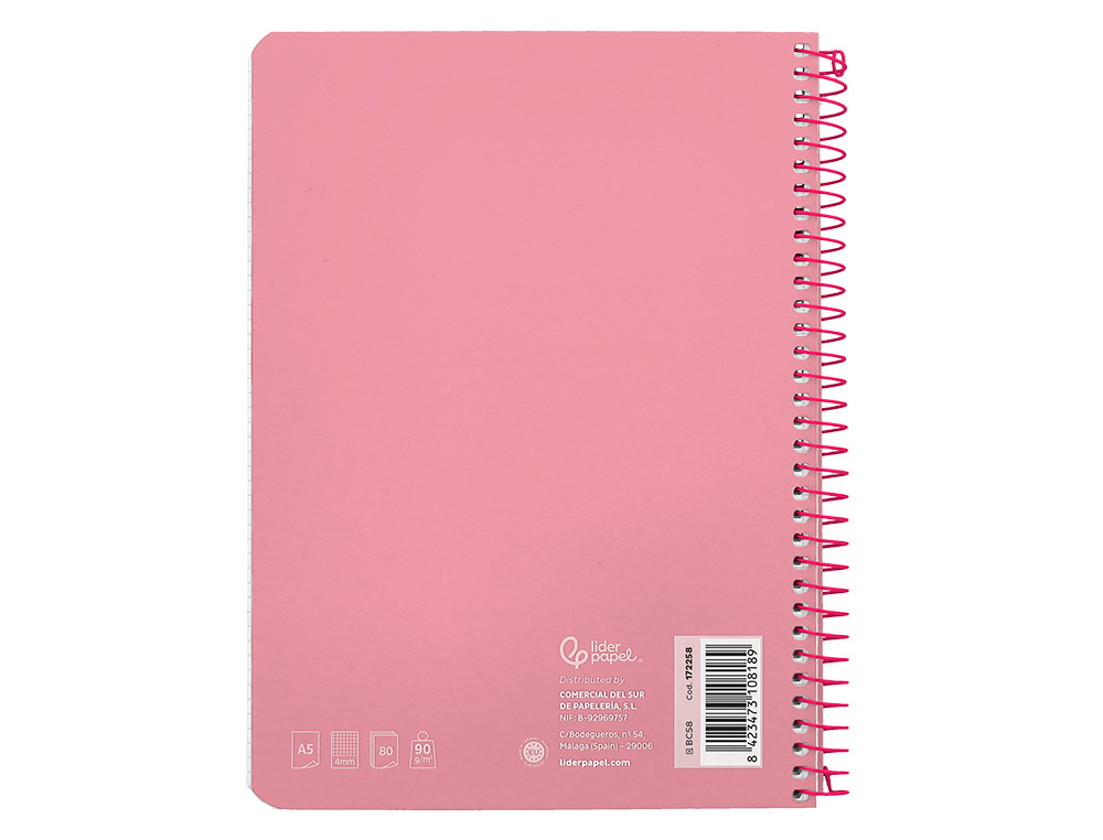 CUADERNO ESPIRAL LIDERPAPEL A5 WITTY TAPA DURA 80H 90GR CUADRO 4MM CON MARGEN COLOR ROSA