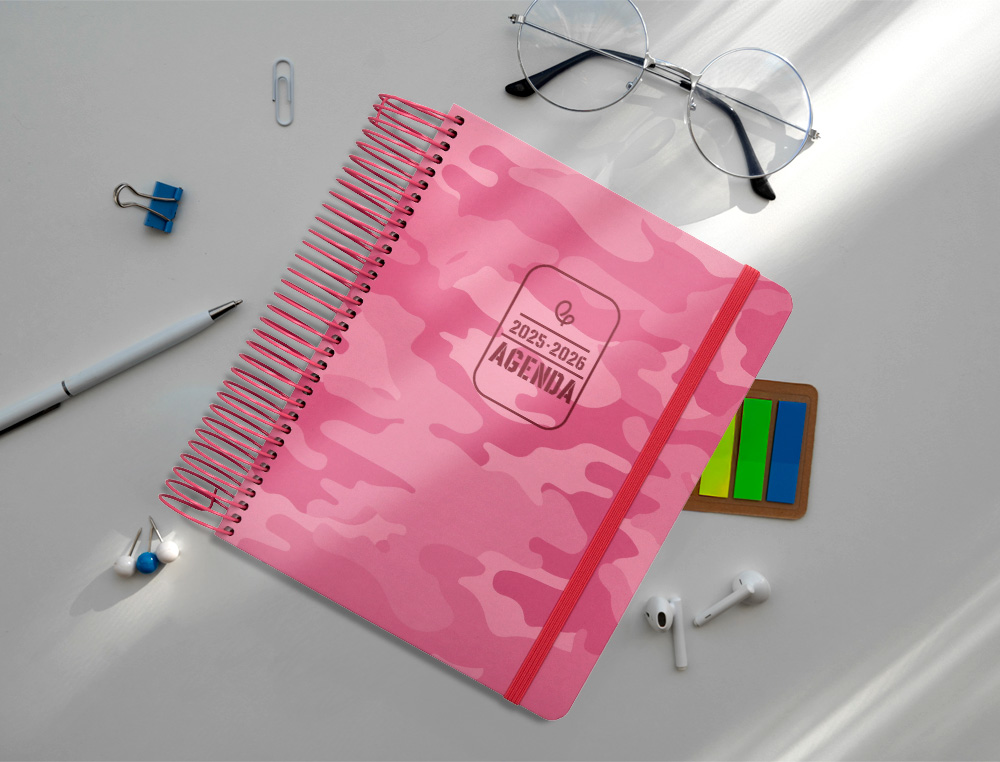 AGENDA ESCOLAR LIDERPAPEL 25-26 ESPIRAL PATTERNS MILITAR ROSA DIA PAGINA A5 BILINGÜE PAPEL FSC 80 GR
