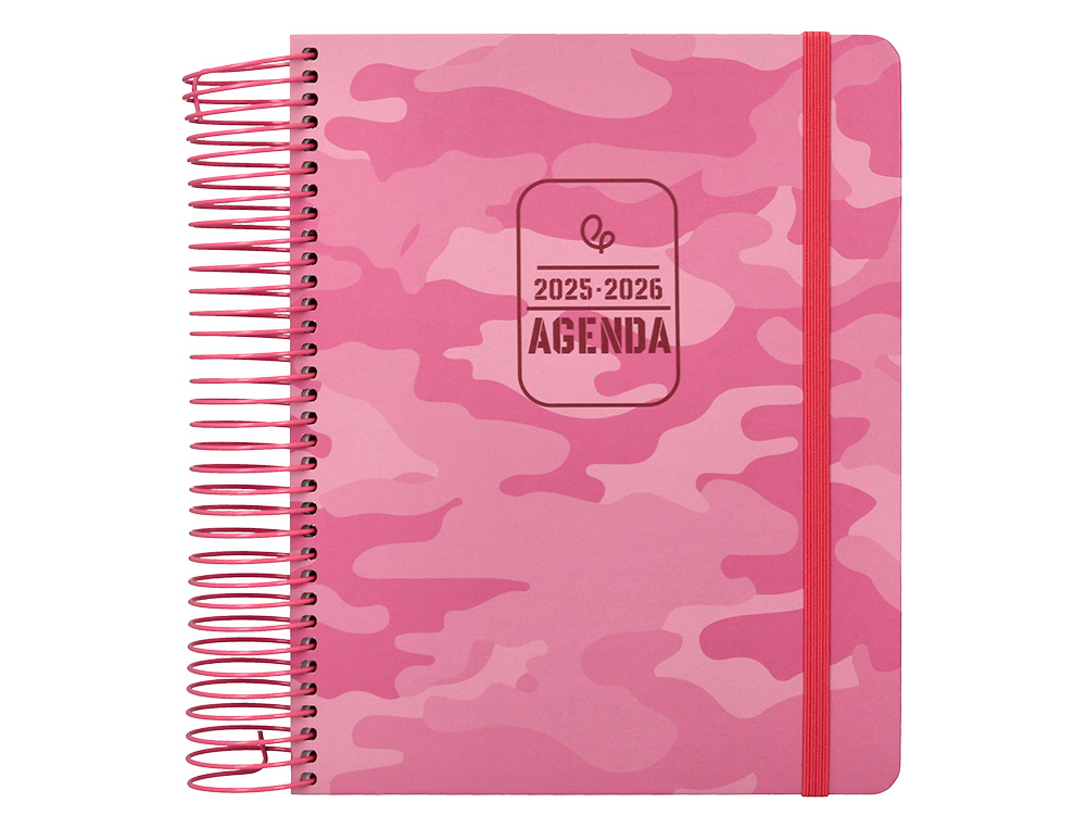 AGENDA ESCOLAR LIDERPAPEL 25-26 ESPIRAL PATTERNS MILITAR ROSA DIA PAGINA A5 BILINGÜE PAPEL FSC 80 GR