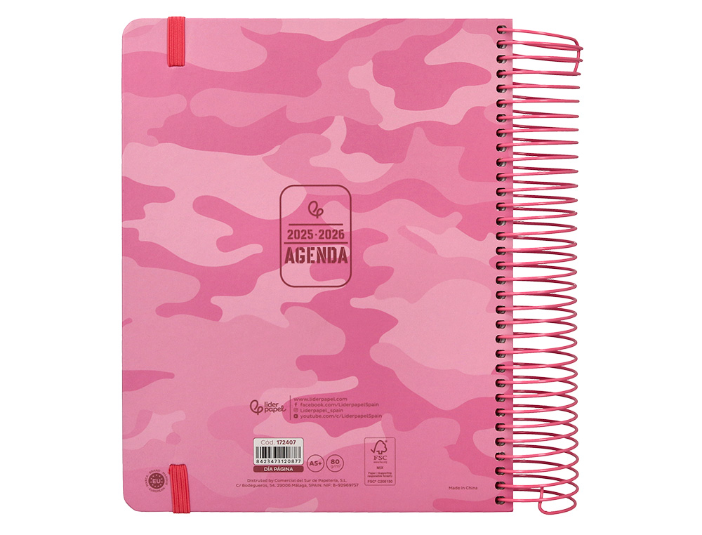 AGENDA ESCOLAR LIDERPAPEL 25-26 ESPIRAL PATTERNS MILITAR ROSA DIA PAGINA A5 BILINGÜE PAPEL FSC 80 GR