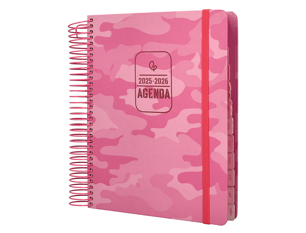 AGENDA ESCOLAR LIDERPAPEL 25-26 ESPIRAL PATTERNS MILITAR ROSA DIA PAGINA A5 BILINGÜE PAPEL FSC 80 GR