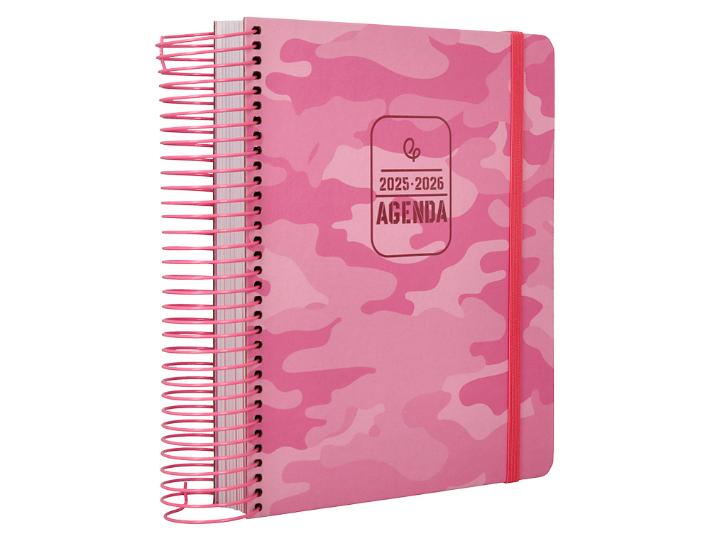 AGENDA ESCOLAR LIDERPAPEL 25-26 ESPIRAL PATTERNS MILITAR ROSA DIA PAGINA A5 BILINGÜE PAPEL FSC 80 GR