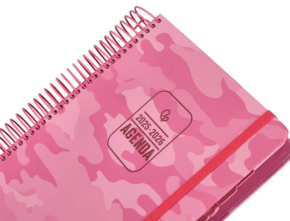 AGENDA ESCOLAR LIDERPAPEL 25-26 ESPIRAL PATTERNS MILITAR ROSA DIA PAGINA A5 BILINGÜE PAPEL FSC 80 GR
