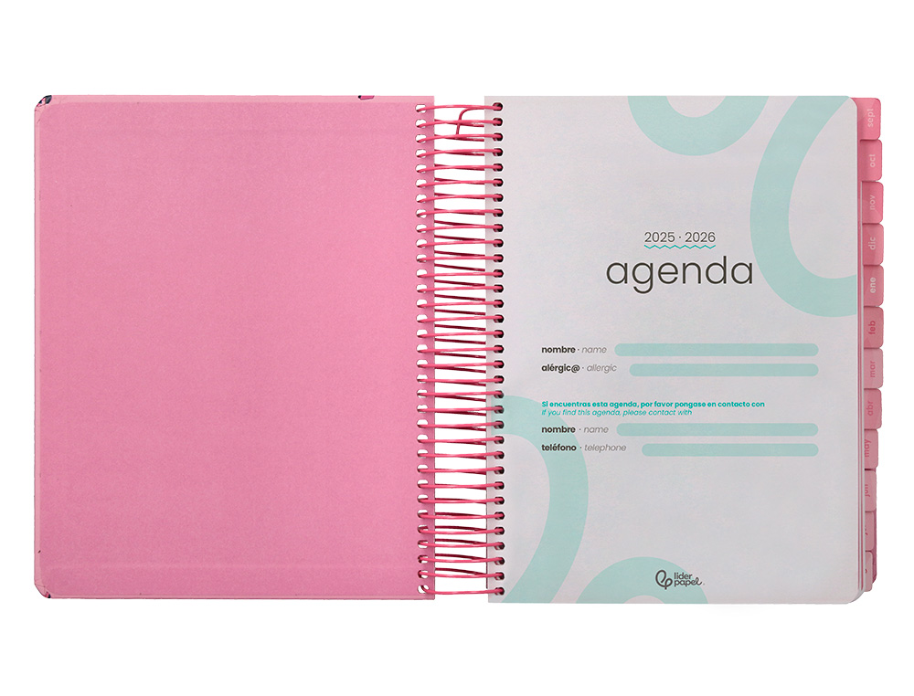 AGENDA ESCOLAR LIDERPAPEL 25-26 ESPIRAL PATTERNS MILITAR ROSA DIA PAGINA A5 BILINGÜE PAPEL FSC 80 GR