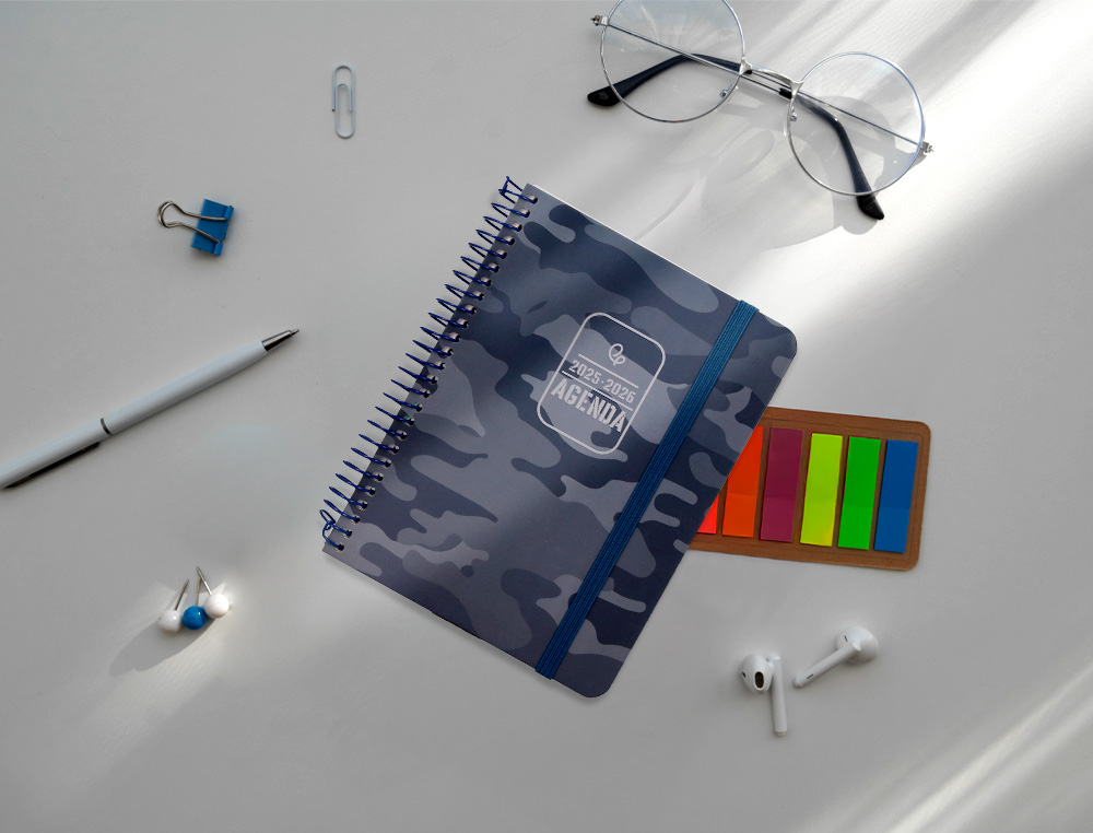 AGENDA ESCOLAR LIDERPAPEL 25-26 ESPIRAL PATTERNS MILITAR GRIS SEMANA VISTA A6 BILINGÜE PAPEL FSC 80 GR