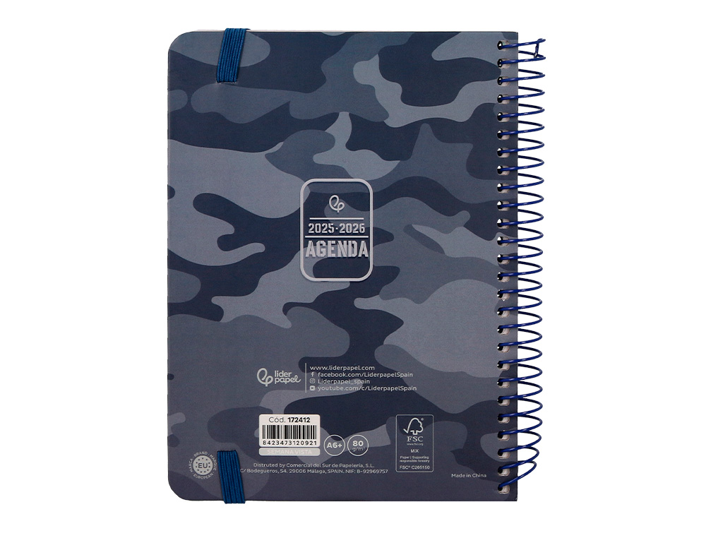 AGENDA ESCOLAR LIDERPAPEL 25-26 ESPIRAL PATTERNS MILITAR GRIS SEMANA VISTA A6 BILINGÜE PAPEL FSC 80 GR