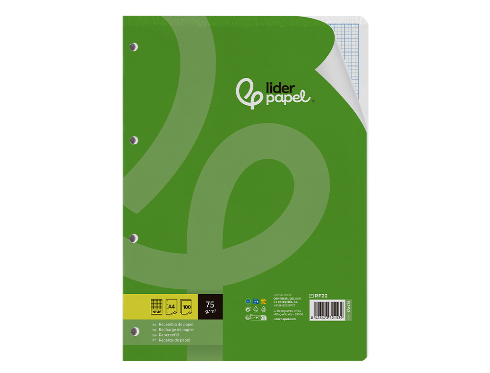 RECAMBIO LIDERPAPEL A4 100 HOJAS 75GR RAYADO Nº46 4 TALADROS